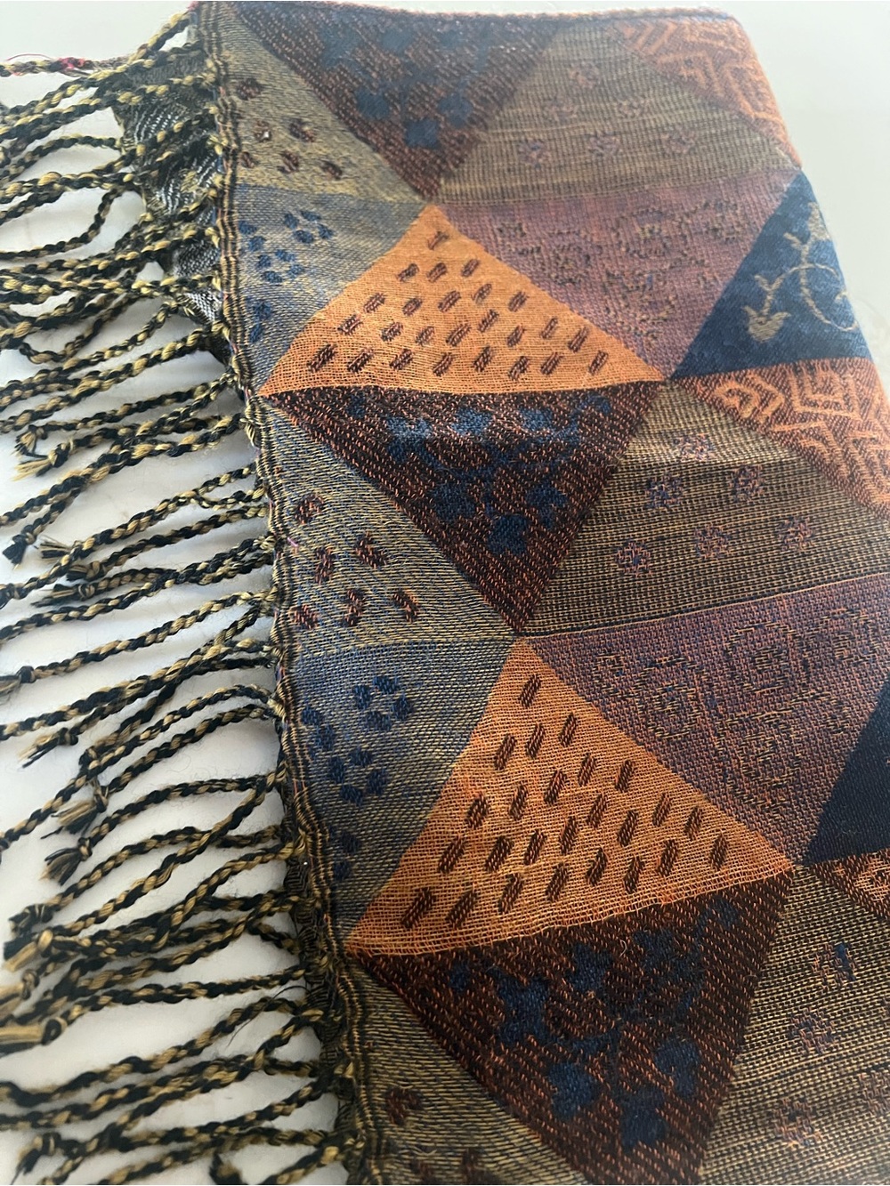 100% Wool Scarf Sacred Threads Bohemian Geometric Patchwork Fringe - Picture 4 of 8